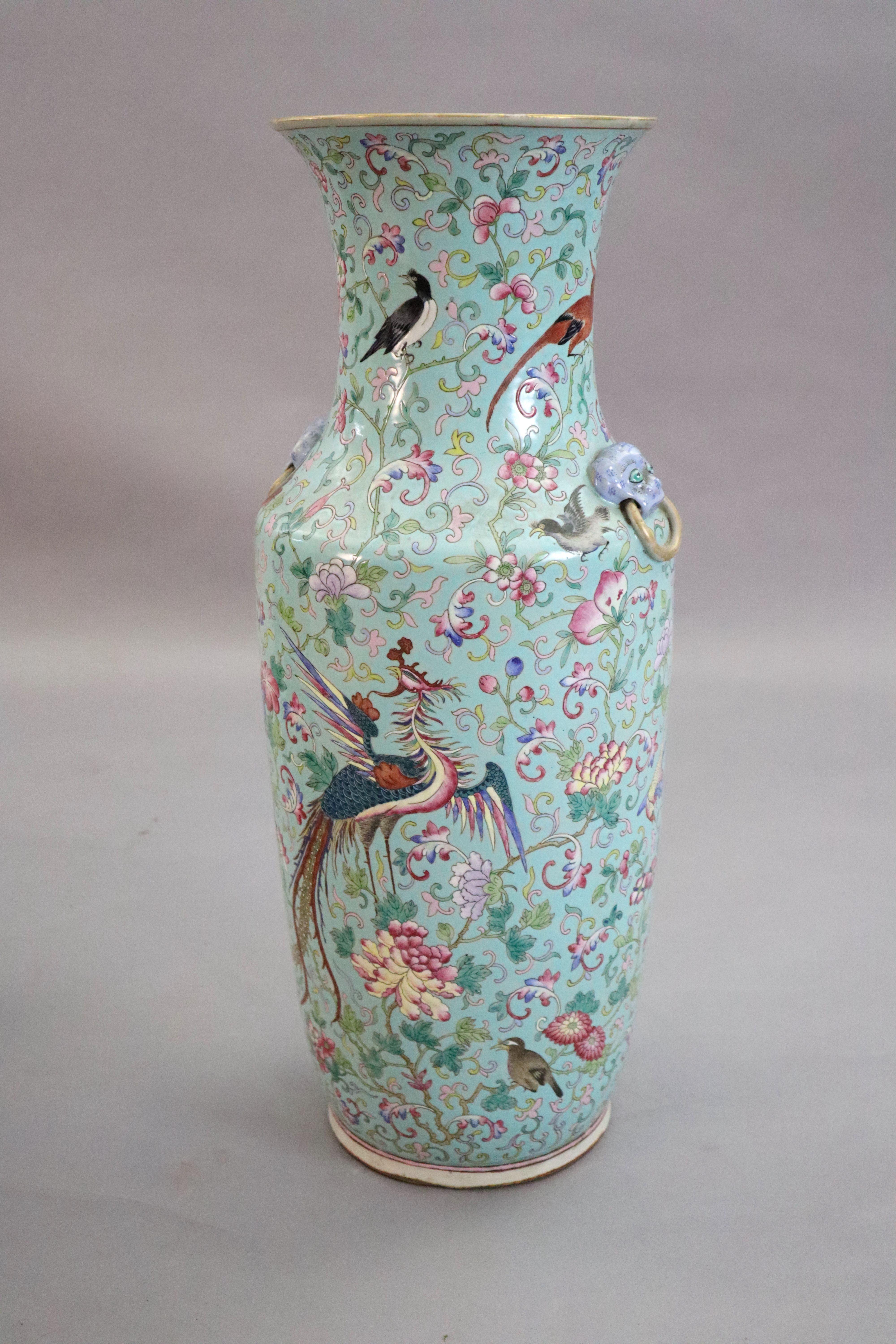 A large Chinese famille rose turquoise ground baluster vase, first half 19th century, total height 99cm